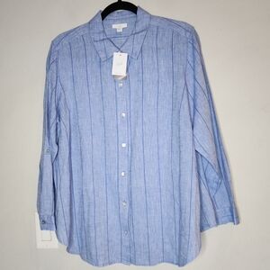 NWT J. Jill Linen Cotton Blue Stripe Button Down Shirt Size XL Petite Roll Tab